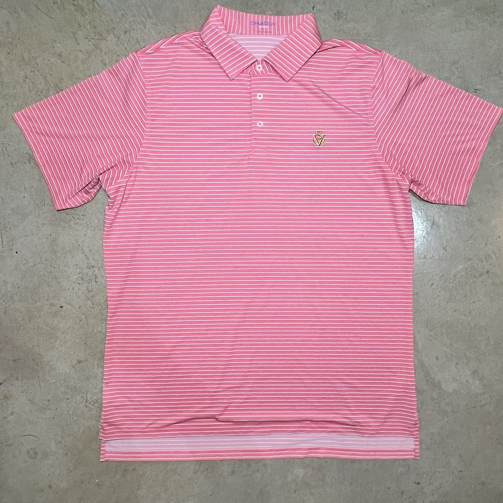 B Draddy Sport Polo Shirt Mens Large Pink Striped Golf Performance Stretch